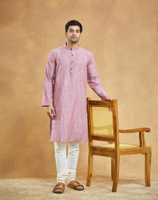 Fabindia Men Striped Straight Kurta(Pink)