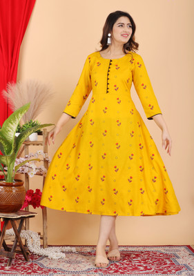 AamanGarment Women Printed Anarkali Kurta(Yellow)
