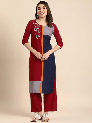 SZN Women Colorblock A-line Kurta(Maroon)