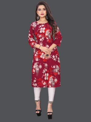 dharmanandan creation Women Printed Straight Kurta(Maroon)