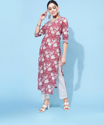 Gulmohar Jaipur Women Printed Straight Kurta(Maroon)