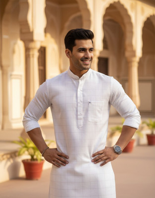 wabastacloset Men Checkered Straight Kurta(White)
