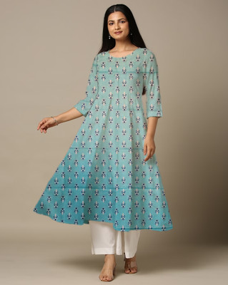 World of Mystery Women Floral Print Anarkali Kurta(Blue)