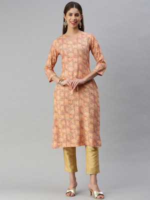 Hritika Women Printed Straight Kurta(Orange)
