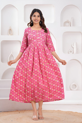 HouseOfCommon Women Printed Anarkali Kurta(Pink)