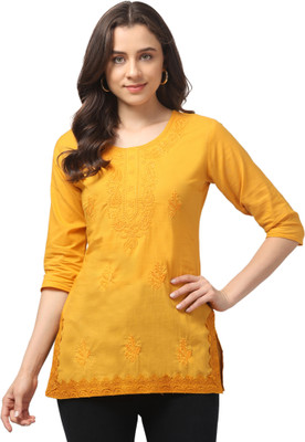 HOUSEOFASH Women Chikan Embroidery Straight Kurta(Yellow)