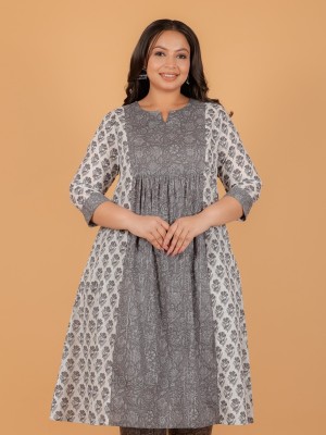 Aramya Women Block Print Flared Kurta(Grey)