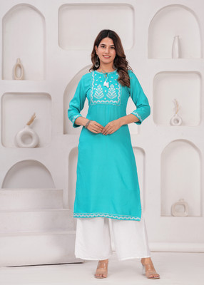 MOUYAL ART Women Printed A-line Kurta(Light Blue)