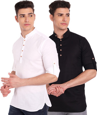 Vida Loca Men Solid Straight Kurta(White, Black)