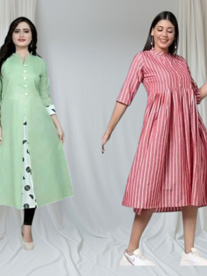 Texpamz Women Printed A-line Kurta(Green, Pink)