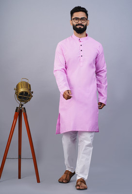 OmakarENT Men Printed Straight Kurta(Pink)