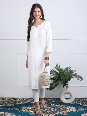 khaka Women Embellished Straight Kurta(White)