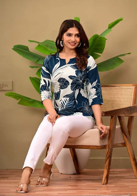 Shalu textiles Women Floral Print, Printed A-line Kurta(Dark Blue, White)