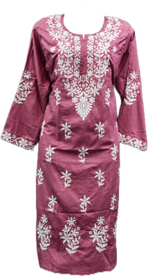Khasiyat Women Chikan Embroidery A-line Kurta(Pink)