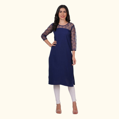 Good Straders Women Self Design Straight Kurta(Blue)