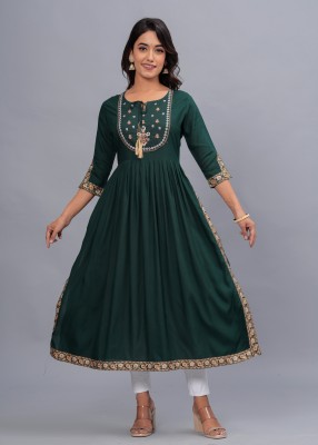 Lucky Fabrics Women Embroidered Ethnic Dress Kurta(Dark Green)