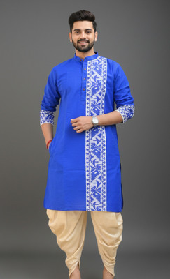 Chandra Men Woven Design Straight Kurta(Blue)
