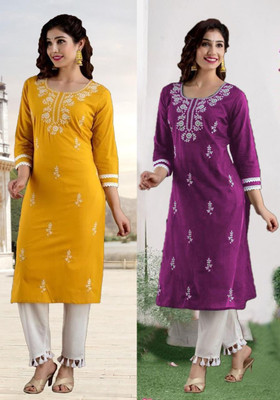 vikshi Women Chikan Embroidery Straight Kurta(Multicolor)