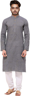 tant ghar Men Self Design Straight Kurta(Grey)