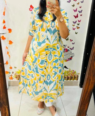 JP AVNIFASHION Women Printed Trail Cut Kurta(Yellow)