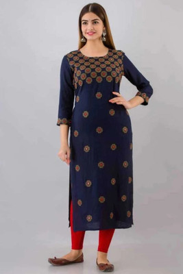 GODWEEN Women Printed Straight Kurta(Blue)