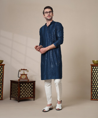 ADHIRAJAN Men Chikan Embroidery Straight Kurta(Blue)