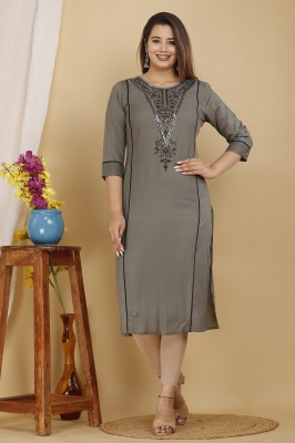 Mehsoos Women Embroidered Straight Kurta(Grey)