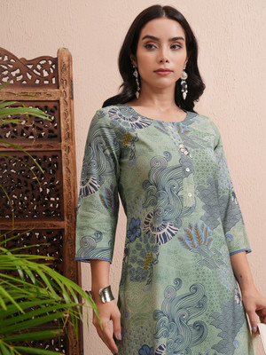 Vishudh Women Printed Straight Kurta(Green)