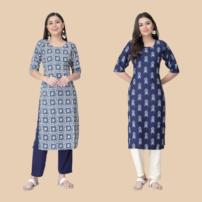 1 Stop Fashion Women Printed Straight Kurta(Dark Blue, White)