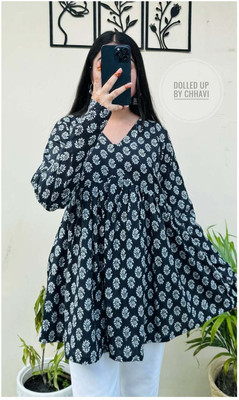 New RJP Craft Women Printed Flared Kurta(Black)