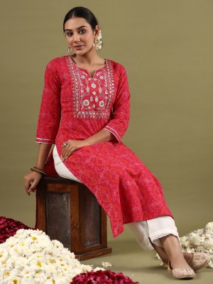 Indo Era Women Embroidered Straight Kurta(Pink)