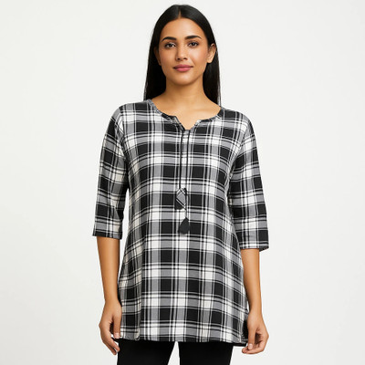 Designally Women Geometric Print Straight Kurta(Black)