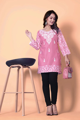 BNCOLLECTION Women Chikan Embroidery Tunic Kurta(Pink)