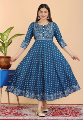 Hand Block Print Women Printed Anarkali Kurta(Dark Green)