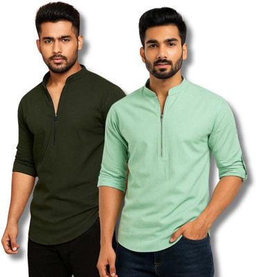 GOD HEART Men Solid Straight Kurta(Green, Light Blue)