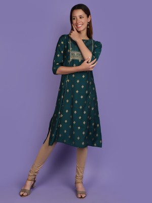 V-MART Women Printed Straight Kurta(Dark Green, Gold)