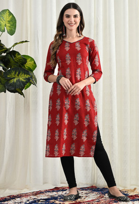 siya silk studio Women Floral Print A-line Kurta(Red)