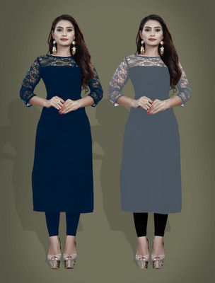 Dream Beauty Fashion Women Self Design Straight Kurta(Dark Blue)
