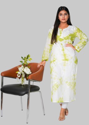 RANGAA NAWAAB Women Chikan Embroidery, Embroidered Straight Kurta(Light Green, White)