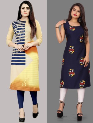 Modli 20 Fashion Women Printed Straight Kurta(Beige, Dark Blue)