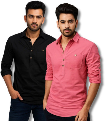 VIMASUTI Men Solid Straight Kurta(Black, Pink)