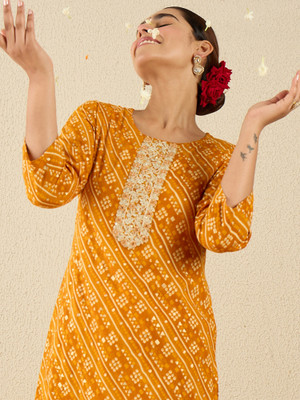 Indo Era Women Embroidered Straight Kurta(Yellow)