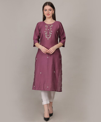 4U Fashion Women Embroidered Straight Kurta(Purple)