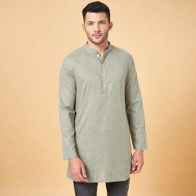 Indus Route by Pantaloons Men Printed A-line Kurta(Green)