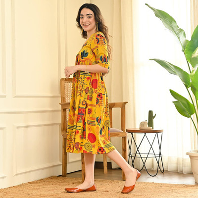 gobya Women Printed A-line Kurta(Yellow)
