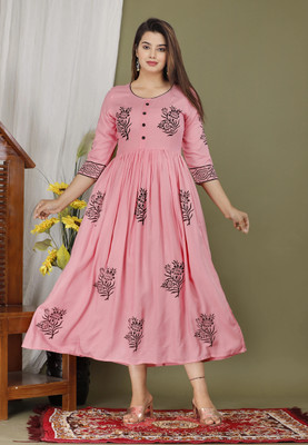 Priyshi Designing Women Printed, Block Print Flared Kurta(Pink)