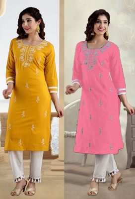 vikshi Women Embroidered Straight Kurta(Multicolor)