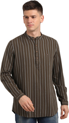 TURTLE Men Striped Straight Kurta(Brown)