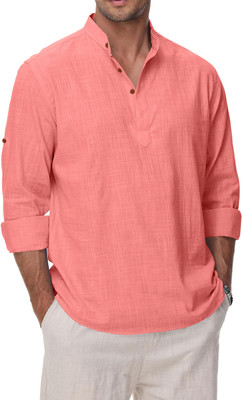 SHOPYCLICK Men Solid, Self Design A-line Kurta(Pink)