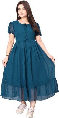 QUEUEE CREATION Women Solid Flared Kurta(Dark Blue)